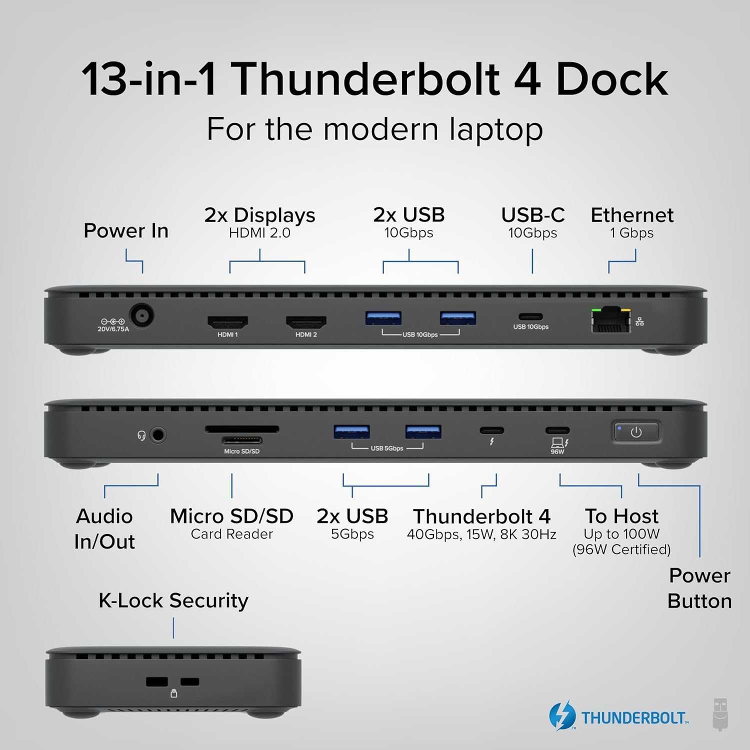 Plugable докинг станция Thunderbolt 4, един 8K или два 4K HDMI, 100 W