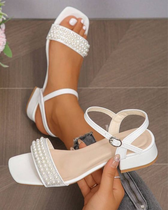 Sandale Minimalist Peep Toe Pearl Decor Toc mijlociu Elegante