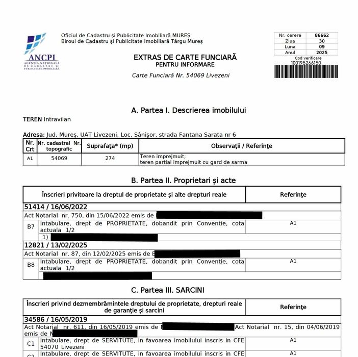 De vânzare: teren intravilan 600 mp Sânişor (Livezeni), proprietar CF
