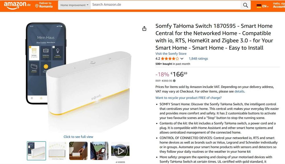 Unitate comanda Somfy Tahoma Switch DIY, Compatibil RTS si ZigBee 3.0