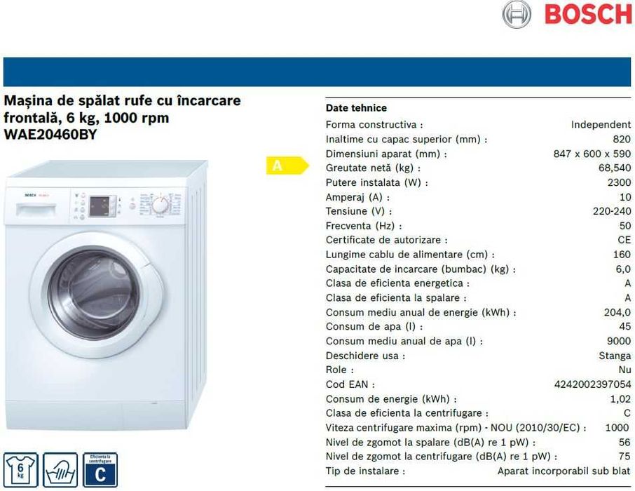 Masina spalat rufe incarcare frontala Bosch 6Kg 1000rpm - IMPECABILA !