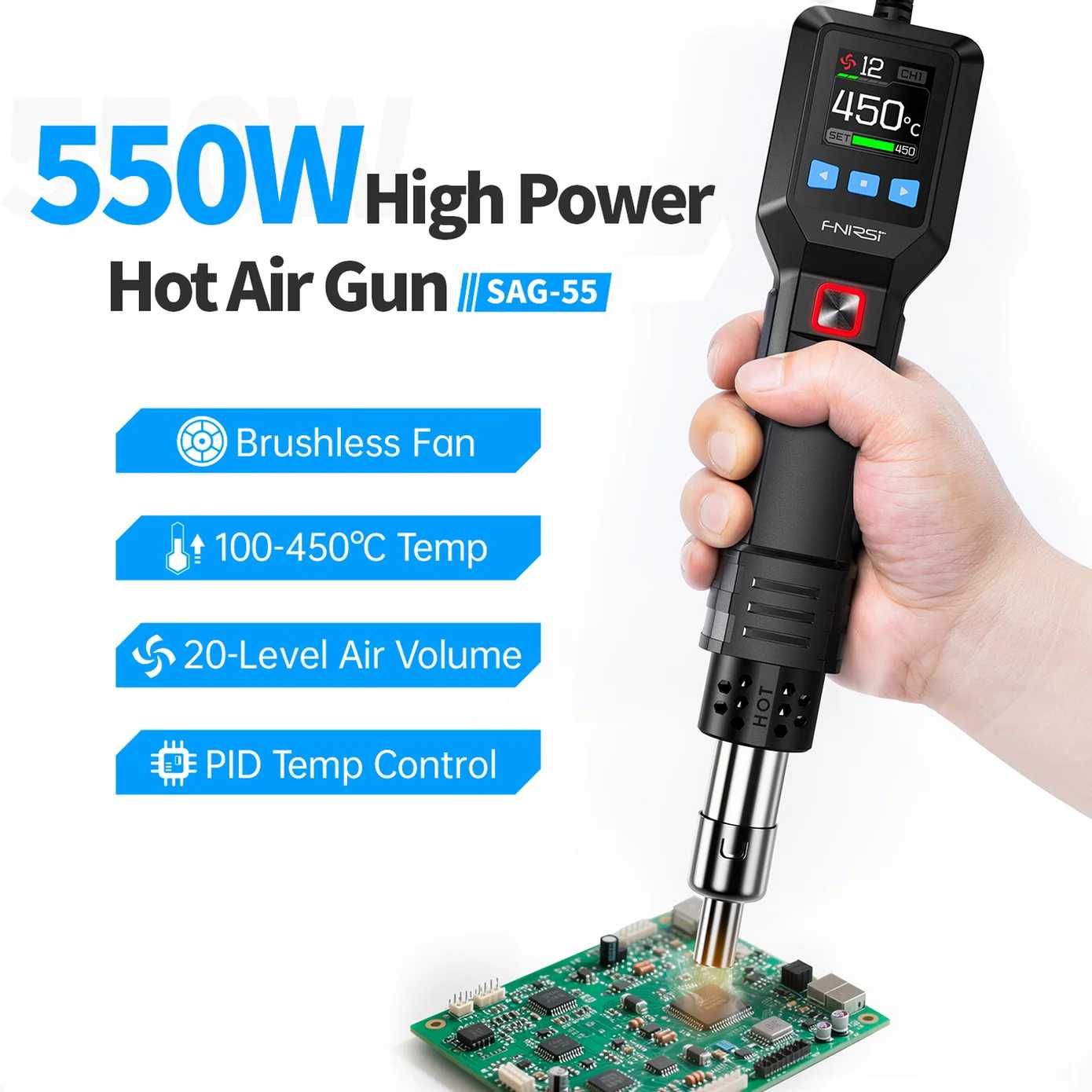 Fnirsi SAG-55 Pistol cu ​​aer cald inteligent de 550 W, compact
