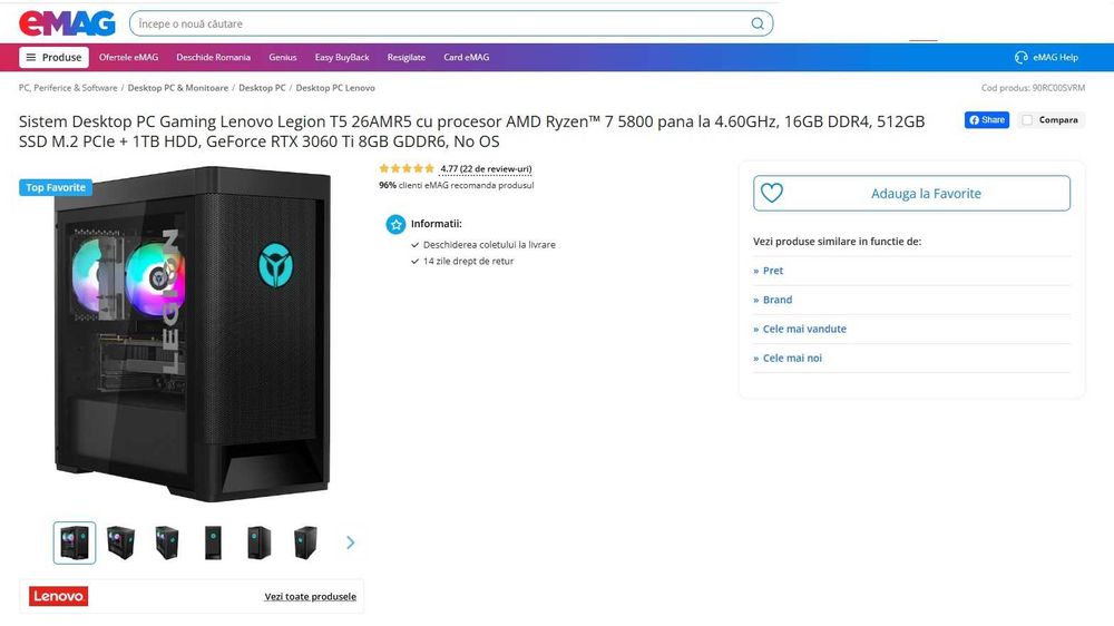 PC Lenovo Legion T5 26AMR5 - Ryzen™ 7 5800 - GeForce RTX 3060 Ti 8GB