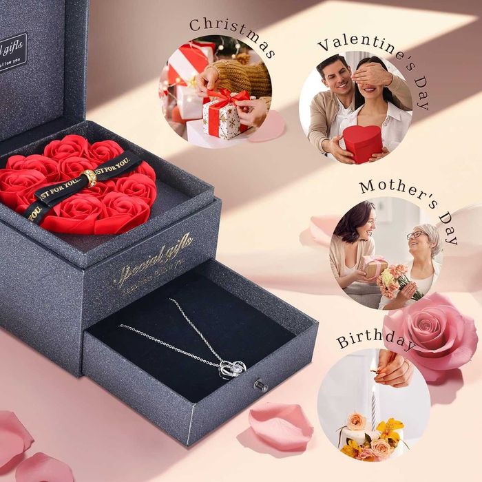 Сребърен комплект колие и обици с камъни Луксозна кутийка с рози