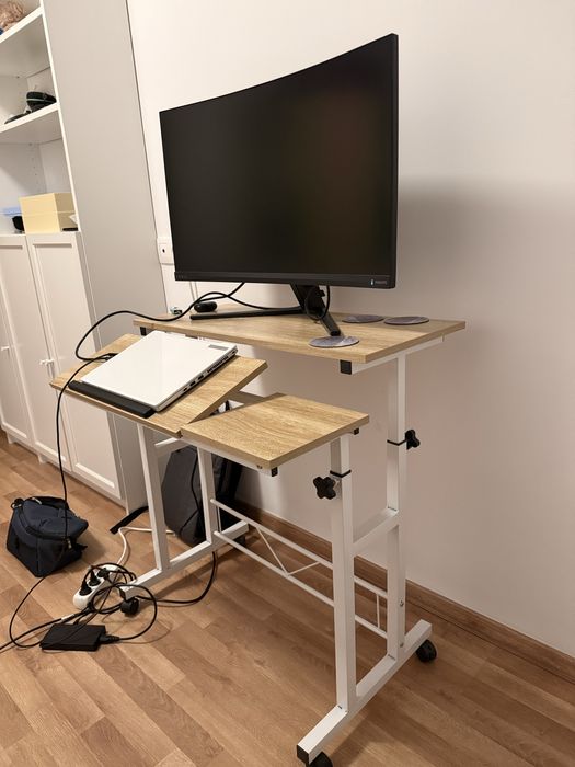 Birou reglabil pentru laptop + monitor pe roti, 80x60