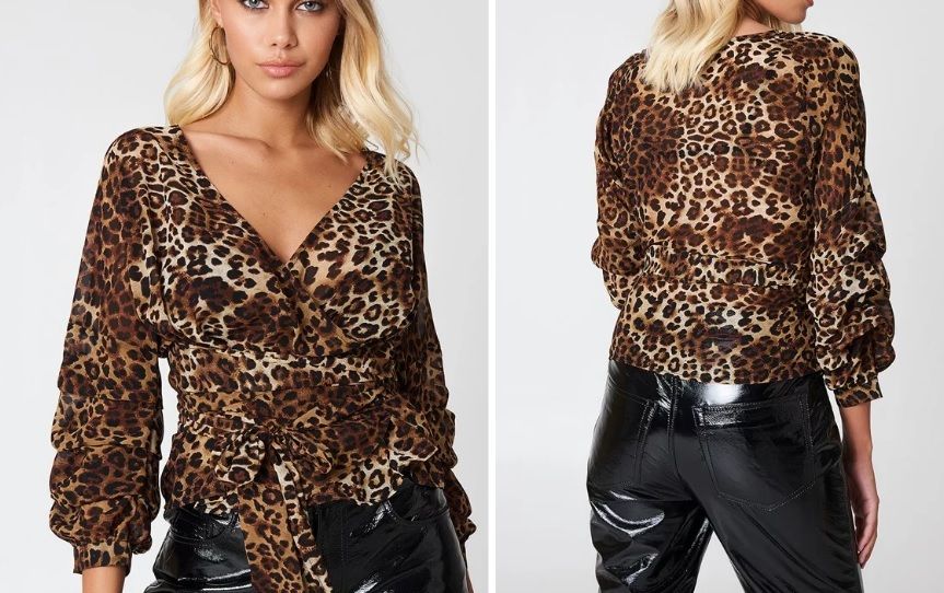 Нова Леопардова блуза дълъг ръкав връзки колан шифон прегърни ме