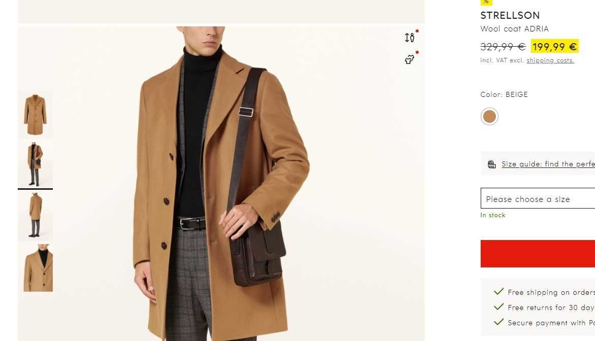 Palton slim 48 M premium Strellson lana moale gri inchis