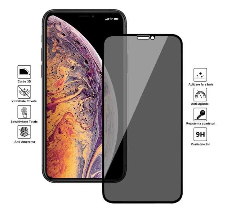 Folie sticla securizata privacy iPhone X, 11, 12, 13, 14, 15, 16, 17