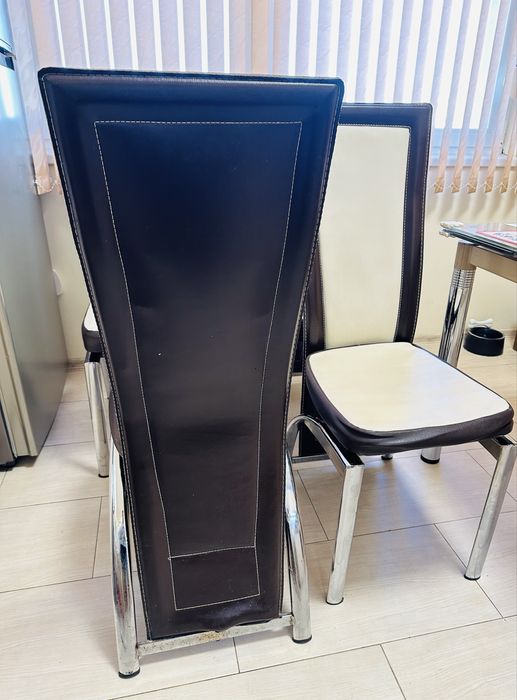 Комплект кухненски / трапезарни столове еко кожа екрю с кафяво