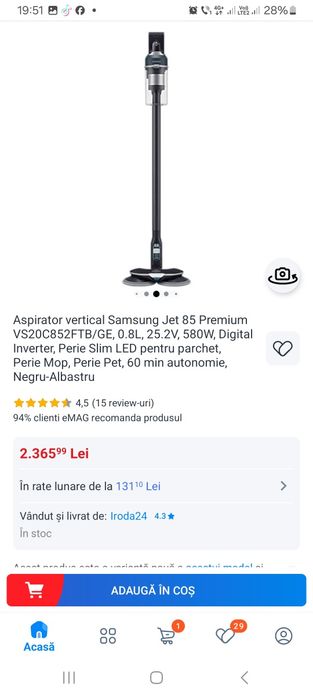 Aspirator vertical Samsung Jet 85 Premium VS20C852FTB/GE, 0.8L, 25.2V,