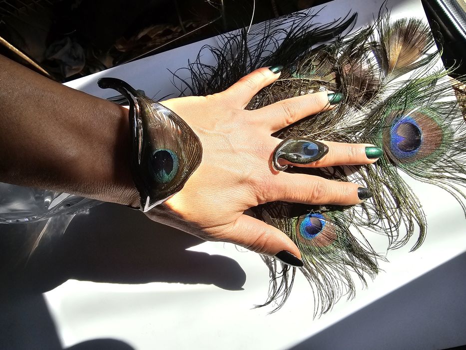 Ръчно изработени, регулируеми гривна и пръстен и обеци с паунови пера,