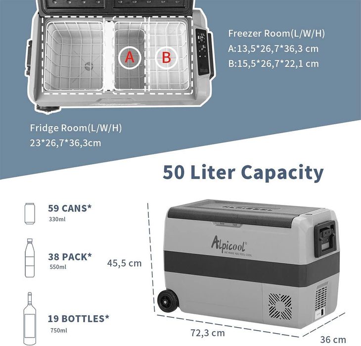 Frigider portabil Alpicool50L,dublu compartiment,12V/24V/220V