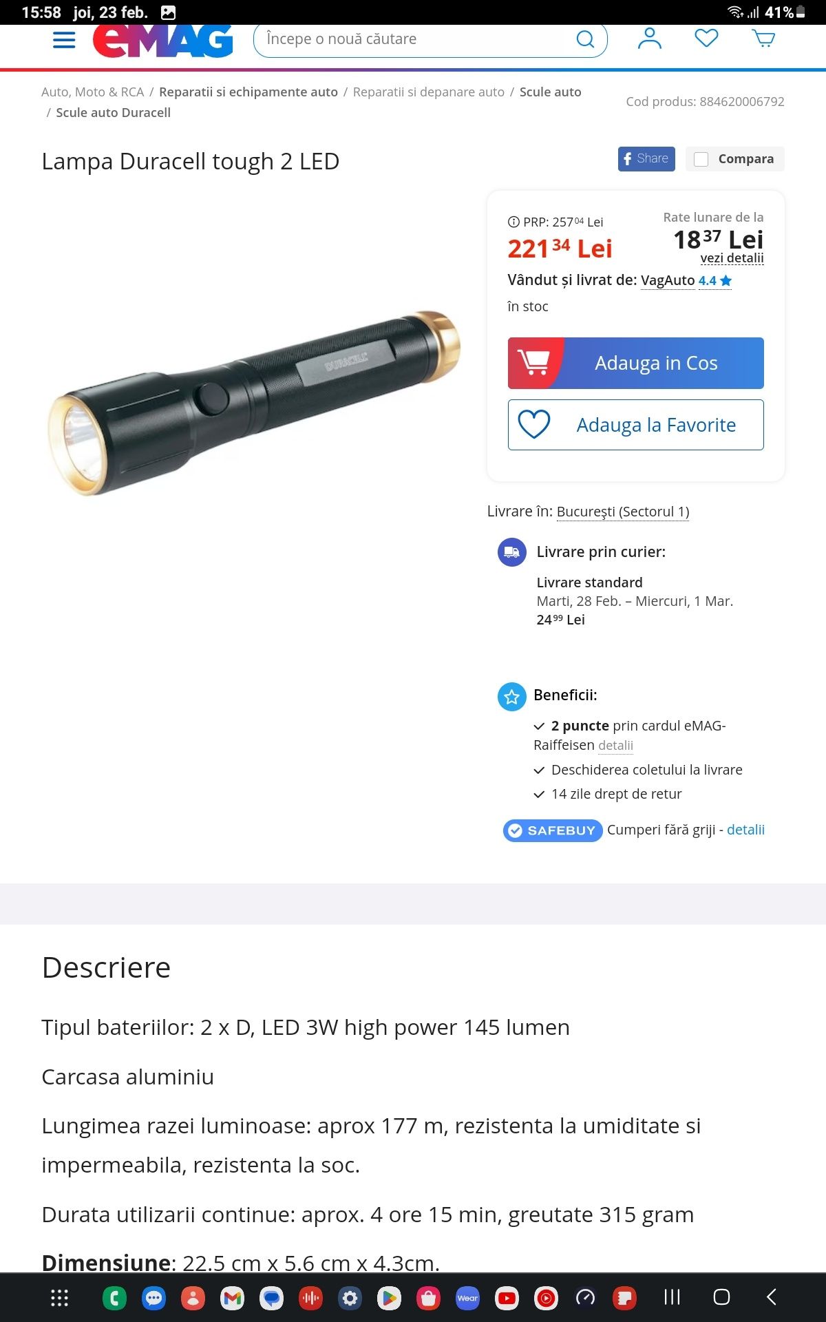 Lanternă DURACELL, bec LED, corp aluminiu, CADOU două baterii R20 (D)