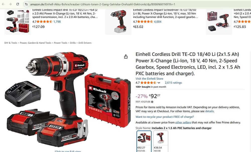 Filetanta Einhell TE-CD 18/40 Li (2x1.5 Ah) Power X-Change