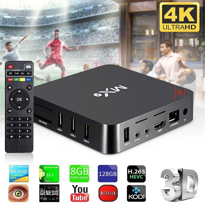 Нов MX9 TV box четириядрени 4K Android 8GB 128GB / Android TV 11, 9 5G