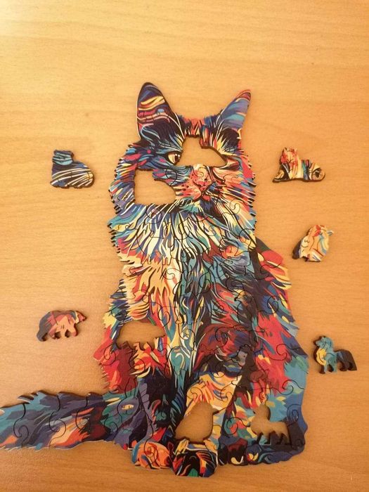 Дървен пъзел котка и кон