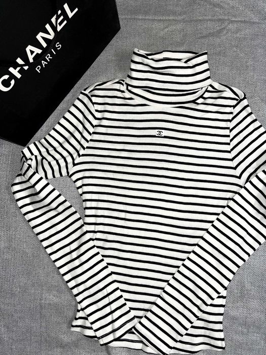 поло блуза яка рае черно бяла черна бяла шанел дълъг ръкав chanel