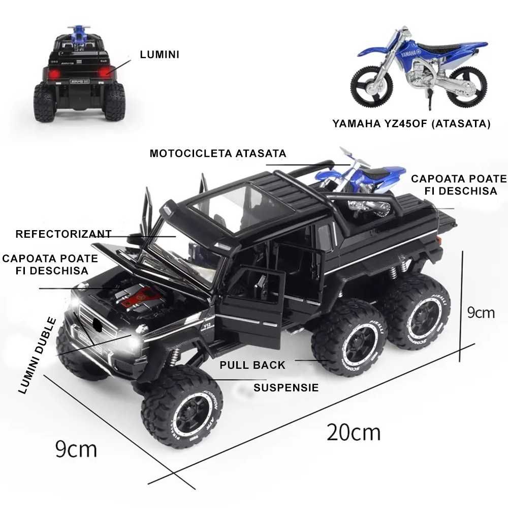 Set masinuta SUV cu motocicleta, model OffRoad 6x6, pull back, 1:24