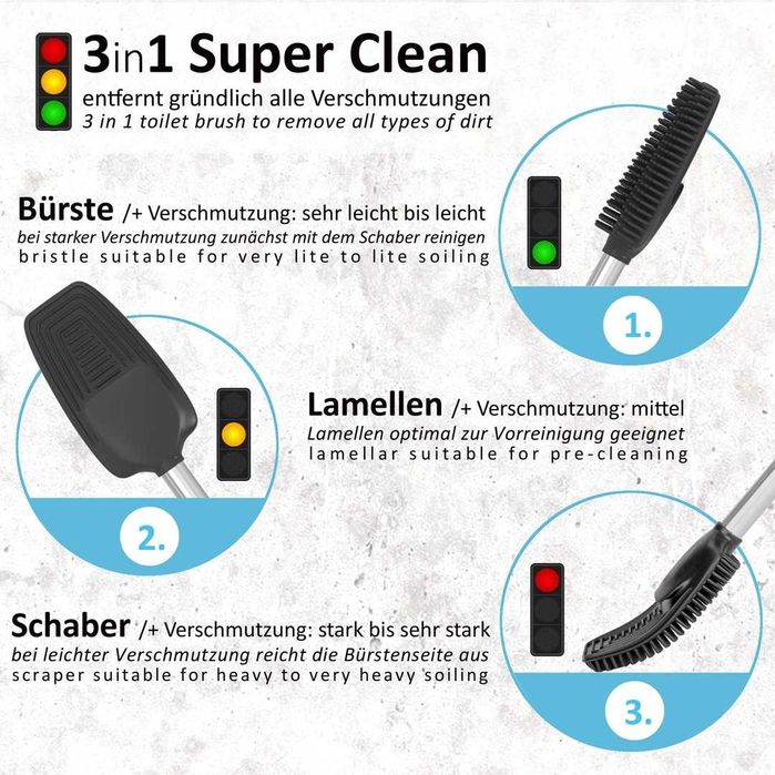 Perie WC silicon 3 in 1 cu suport si maner inox perete