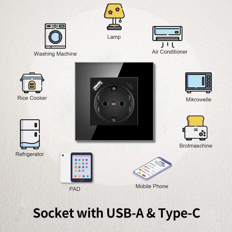 Priza rama sticla securizata, USB-A, USB-C, iUni UC1, 16A, Black