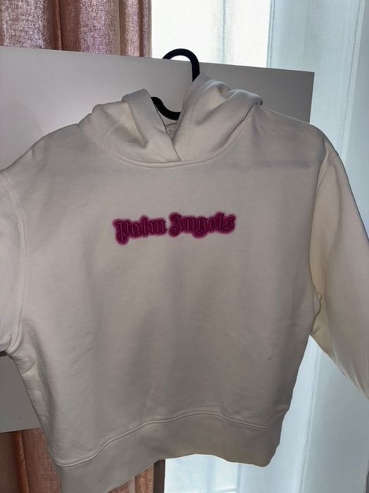 Hanorac Palm Angels alb crem – logo roz neon