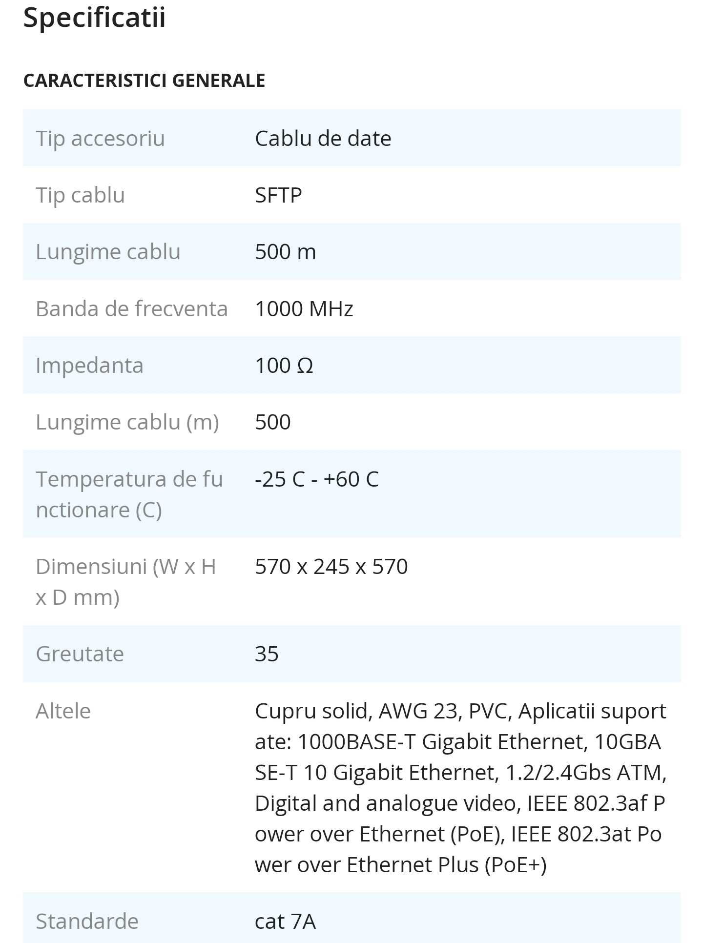 Cablu retea internet  Cat 7  S/FTP  exterior / interior 10GBps  500m
