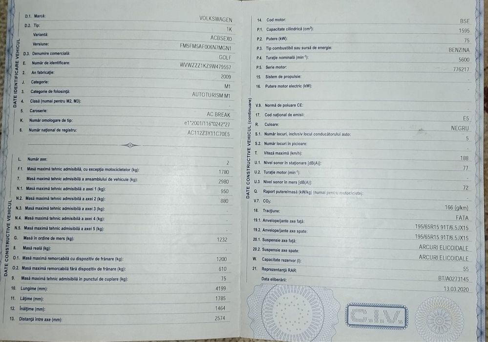 VW Golf 6, 1.6 benzină 102 CP, 2009, proprietar, Euro 5 - Botosani