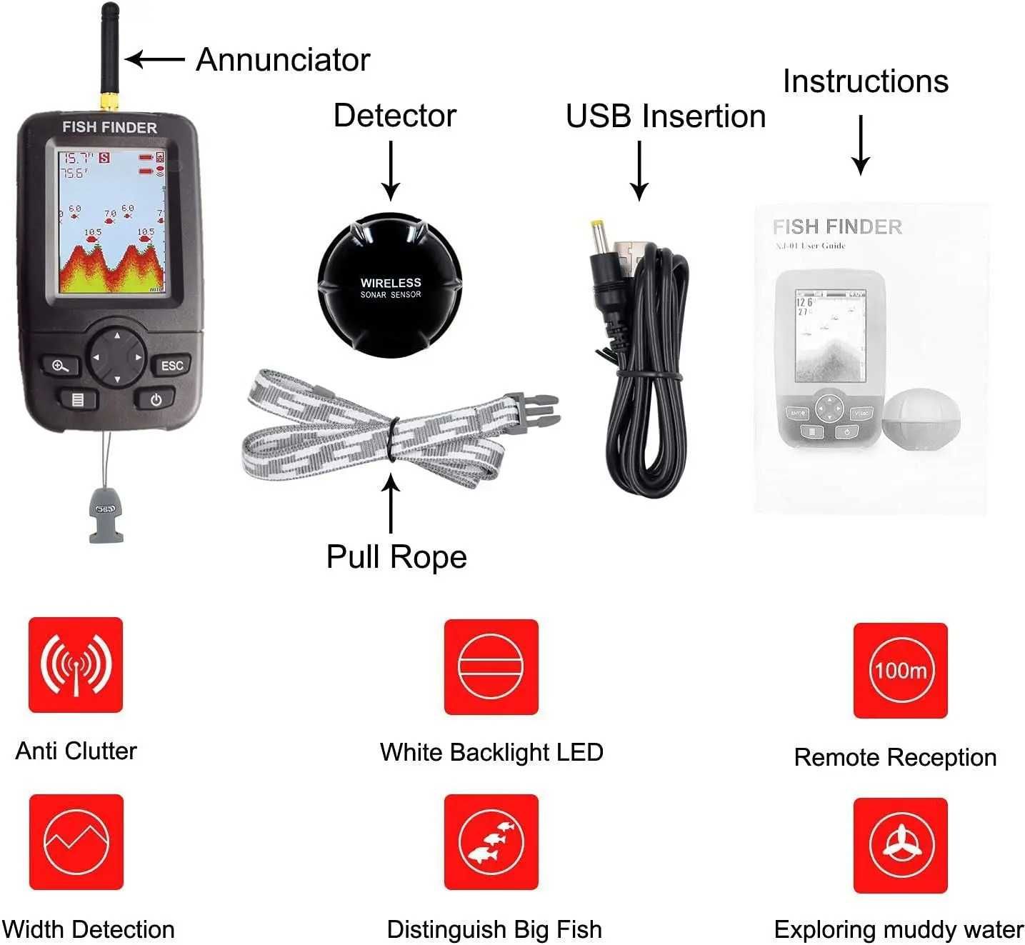 Безжичен сонар за риболов Fish Finder XJ01B – сензор с USB зареждане
