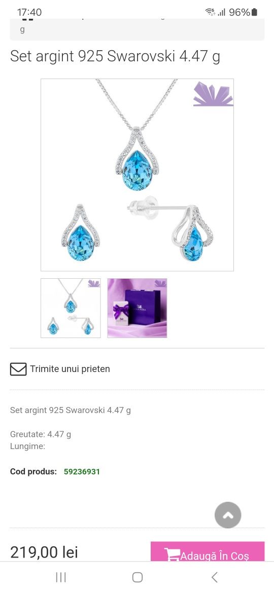 Set bijuterii argint lănțișor si cercei cu Swarovski BijouxMania NOU