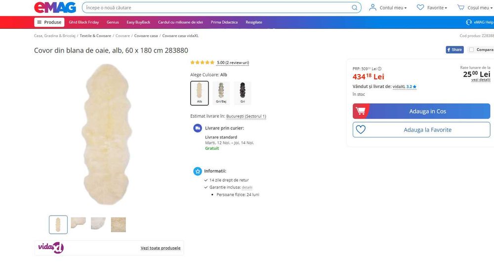 Covor/Patura din blana naturala oaie,alb, 60x180cm, REDUS de la 440RON