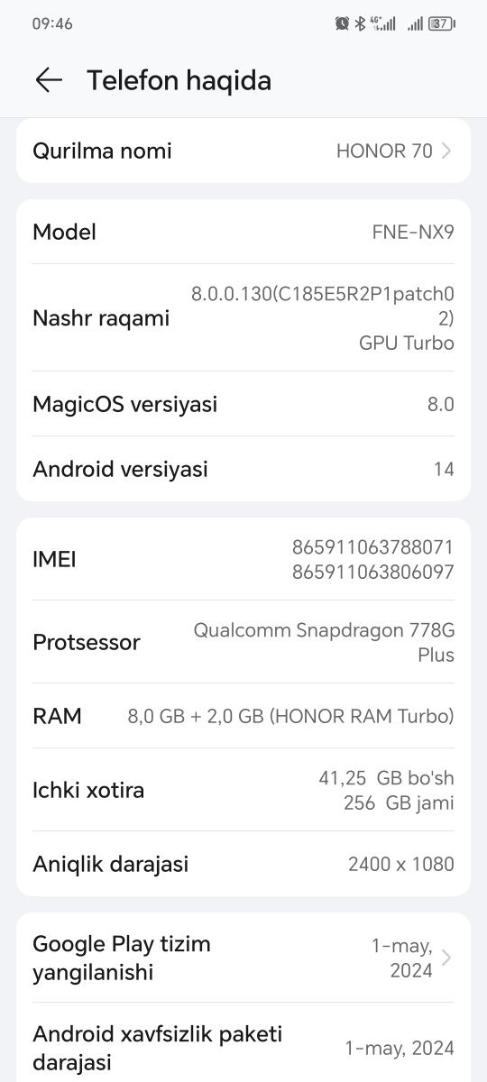 Honor 70 pro 8+2 .256