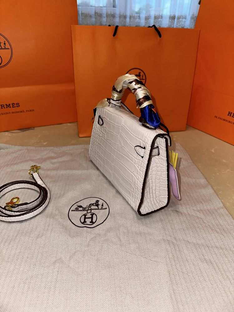 Geanta Hermes Kelly 19cm Alb/Piele Croco/Punga/Cutie Hermes