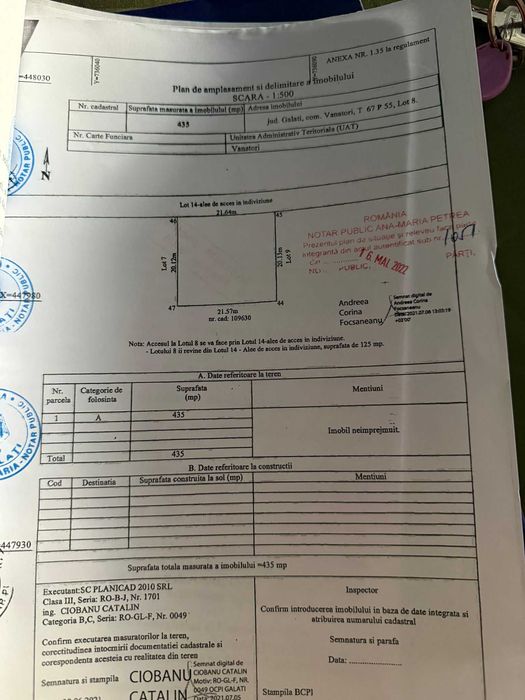 Vând teren intravilan de 435 mp în satul Costi, județul Galați