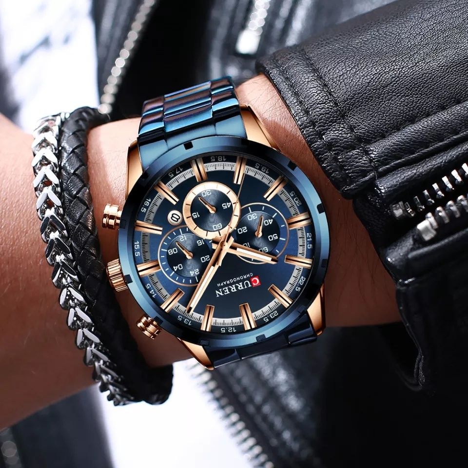 Мужские стильные часы CURREN с синим циферблатом из нержавеющей стали