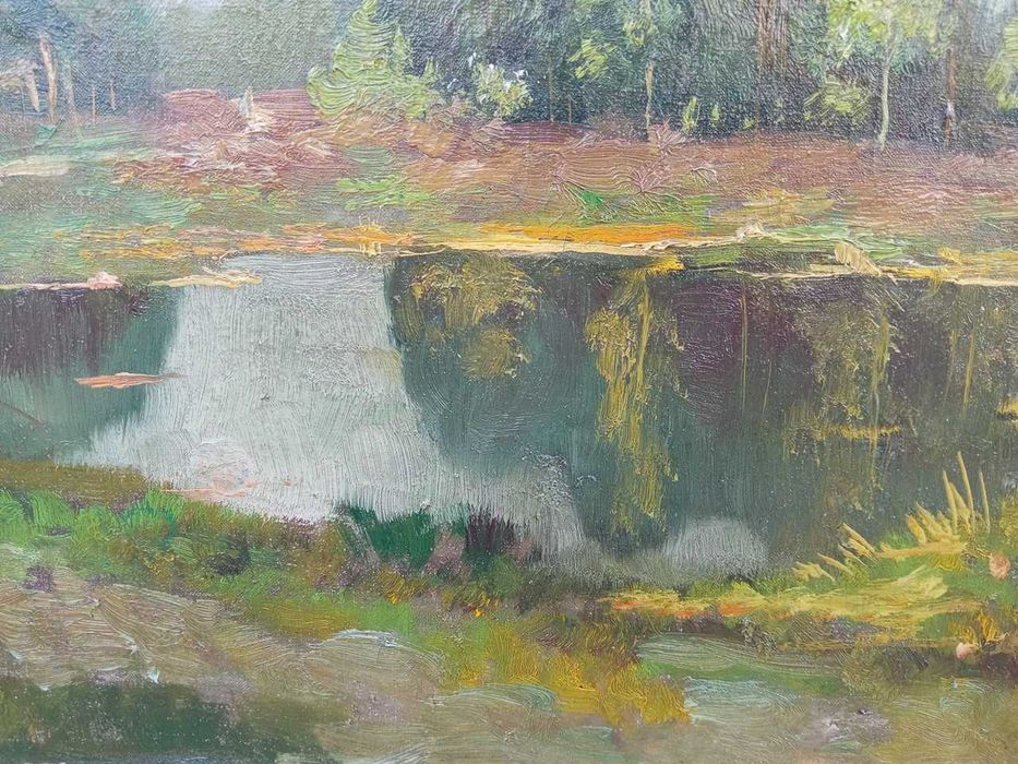 Tablou vechi - peisaj rural cu lac - semnat N. Vermont