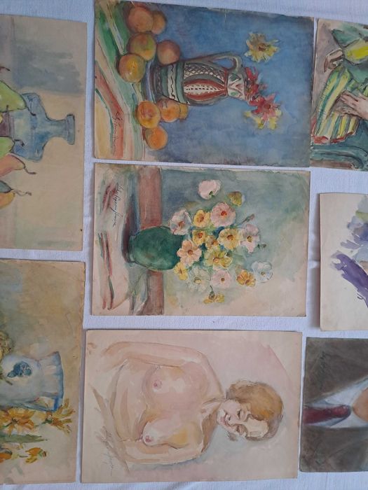 tablou vechi desen in acuarela 49/34 cm semnat