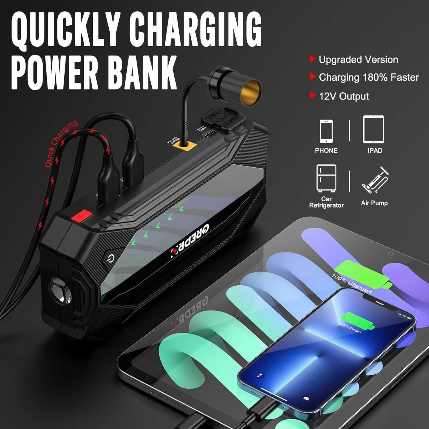 GREPRO 3000A бустер за подаване на ток Jump Starter/Power Bank /LED