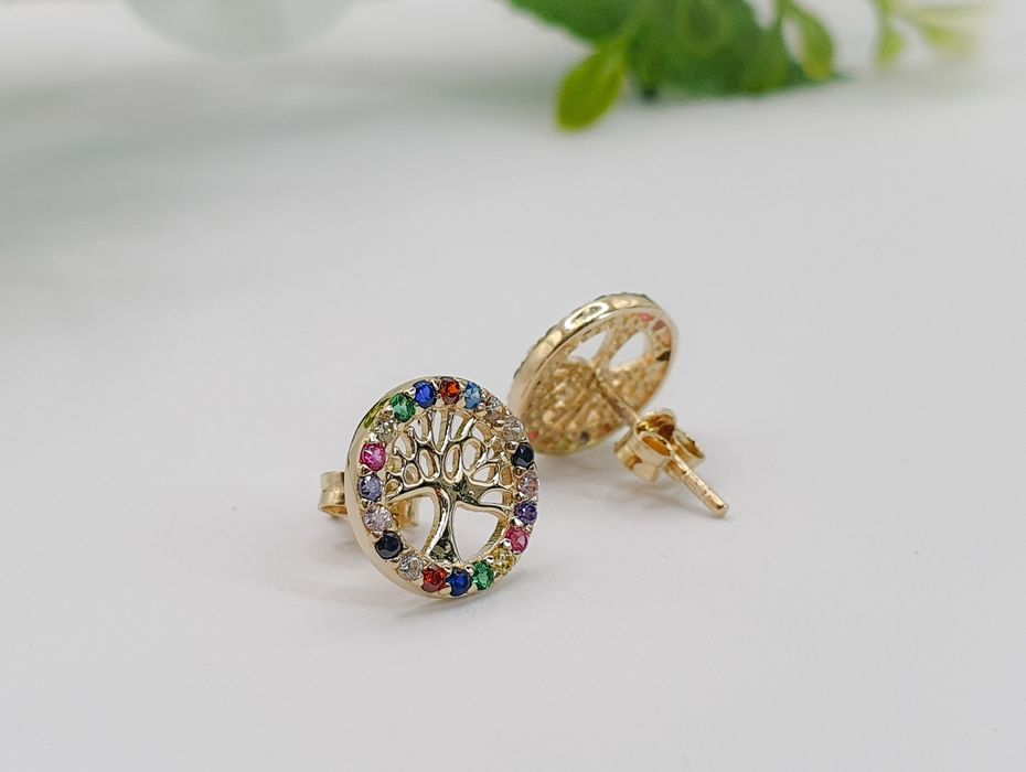 Set din aur de 14K cercei și pandantiv cu Pomul Vieții și zirconii