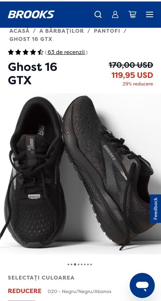 Pantofi sport BROOKS GHOST 16 Gore Tex, adidași nr. 38 EU unisex