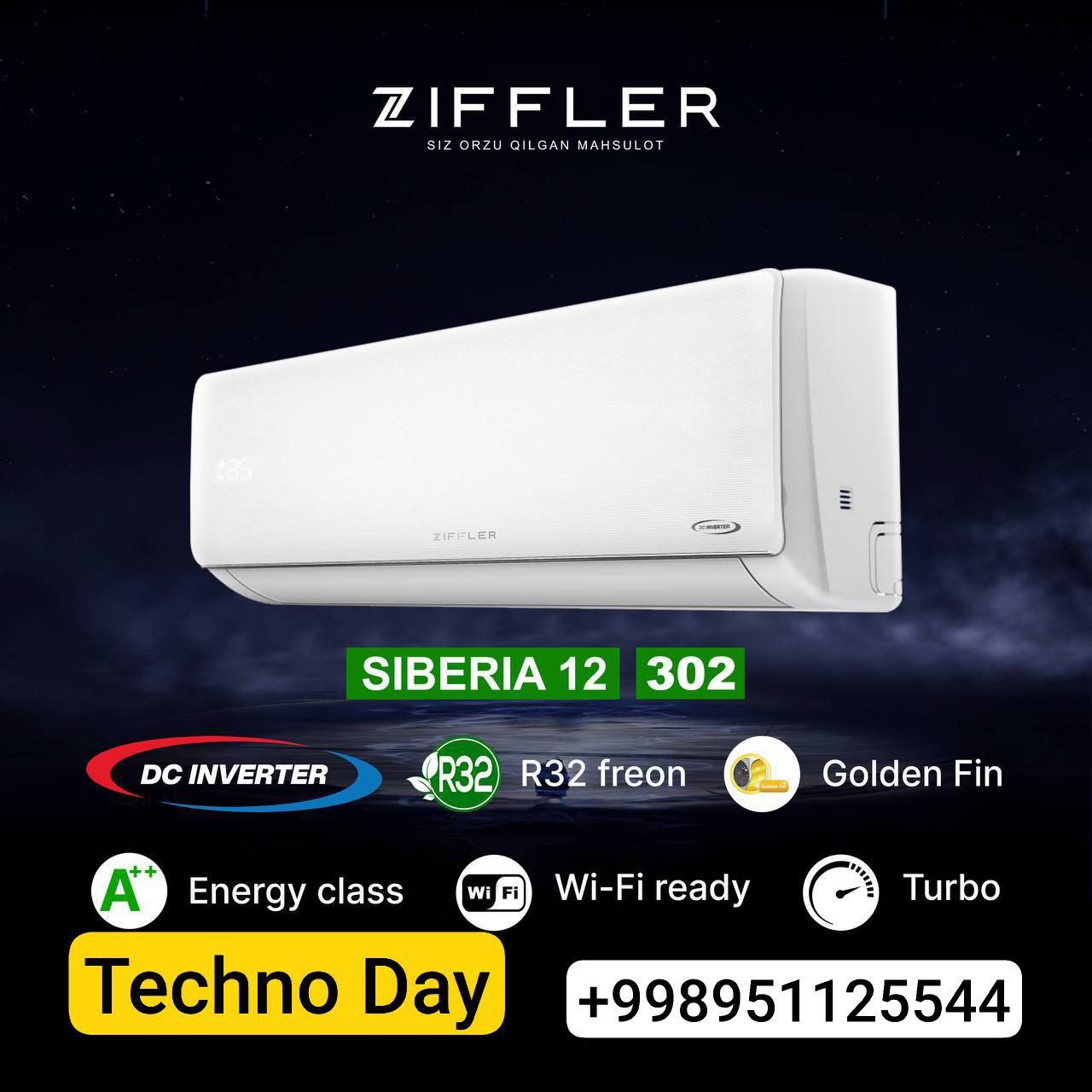 Kondisioner ZIFFLER SIBERIA 12 DC Inverter WI-FI GOLDEN FIN Гарантия