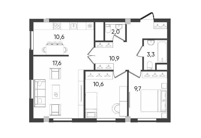 ЖК Fayzli hayot. 3-комнатная, 64.7 м². г. Ташкент, ТРЦ "Компас"