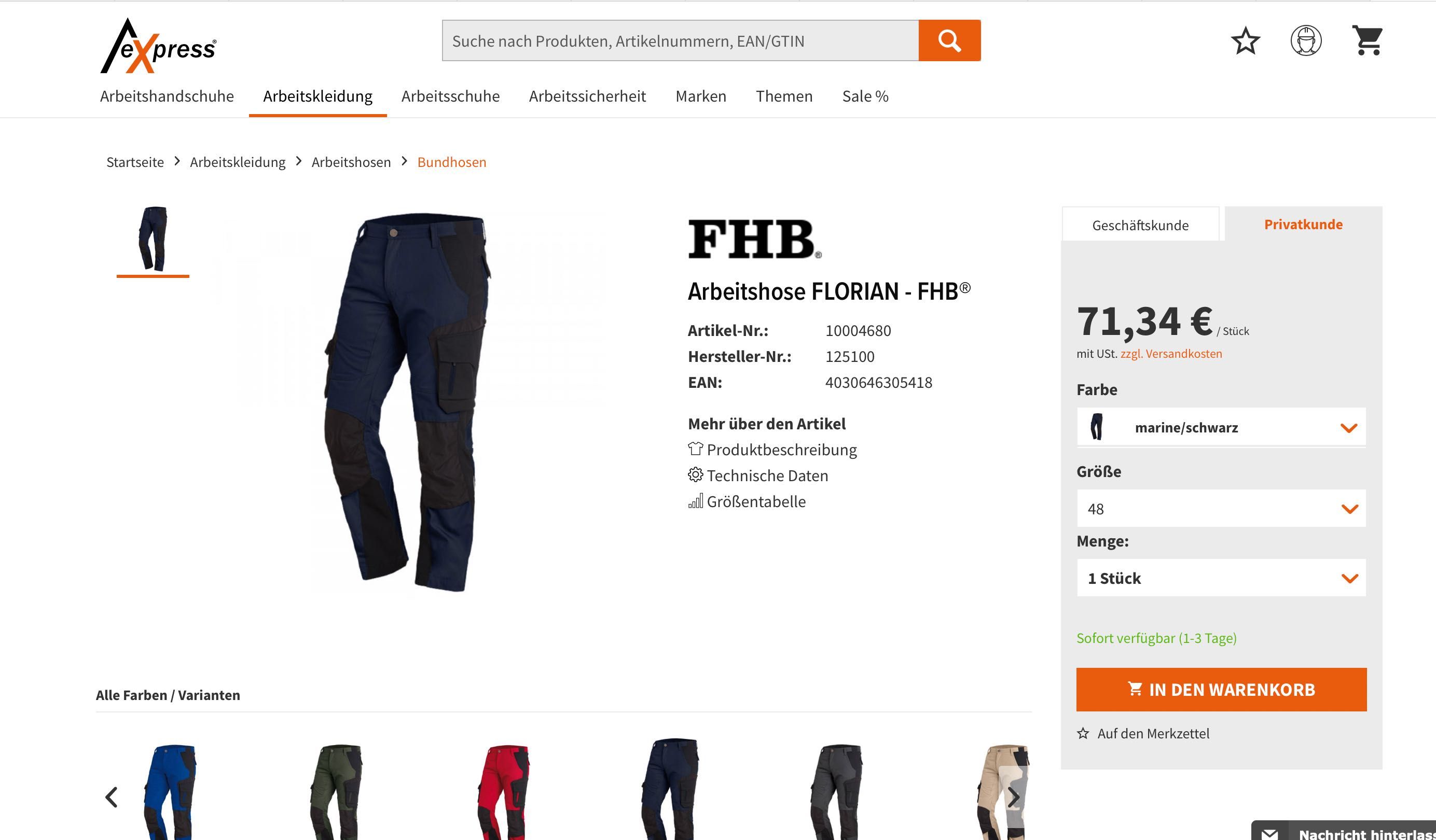 Мъжки, работен панталон на FHB (Germany), ралични размери