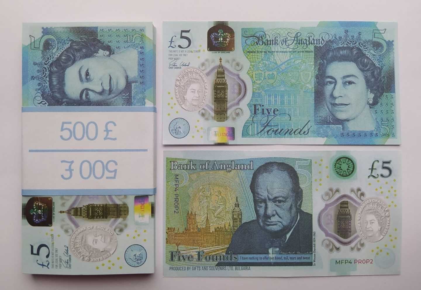Реквизитни сувенирни пари. Банкноти 5, 10, 20, 50 британски лири