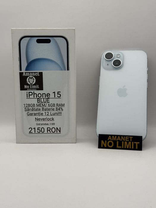 iPhone 15 Blue 128GB Baterie 84% , Garantie 12 Luni AMANET NO LIMIT.