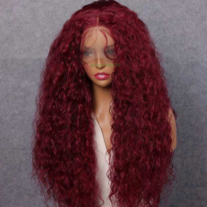 Къдрава лейс фронт тъмно червена бордо перука с дантела 13*4