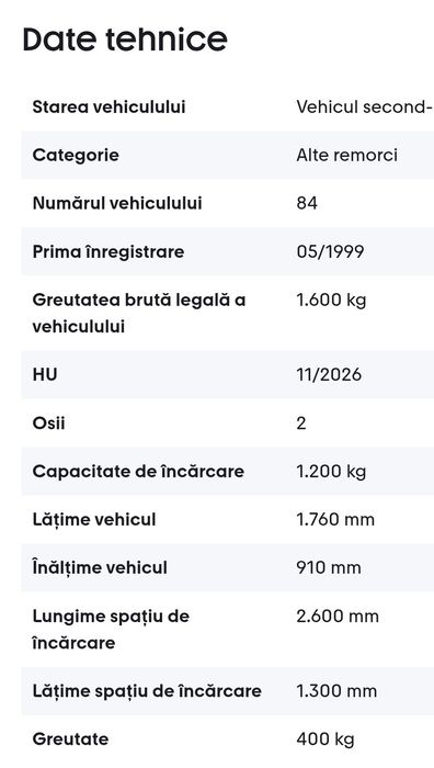 Remorca auto 1600 kg.cu sistem de frânare