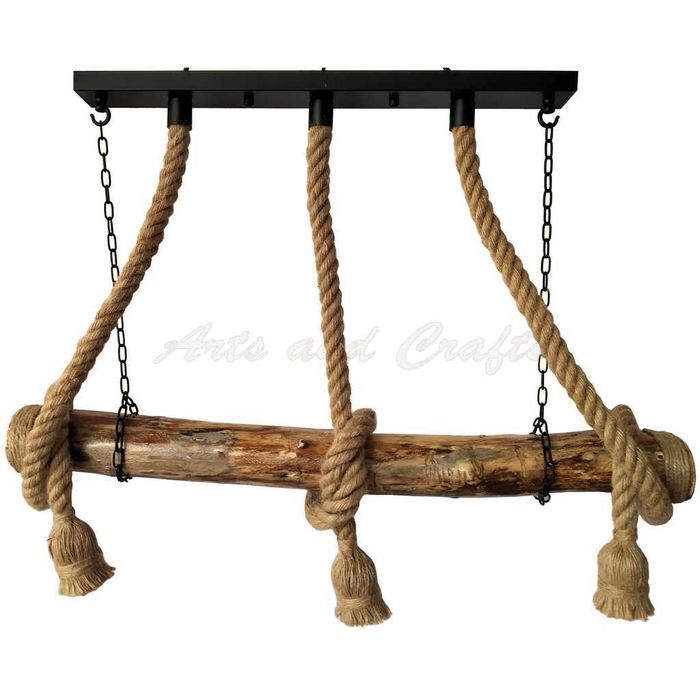 Lustra din lemn masiv, realizata manual, cu 3 brate din sfoara de iuta