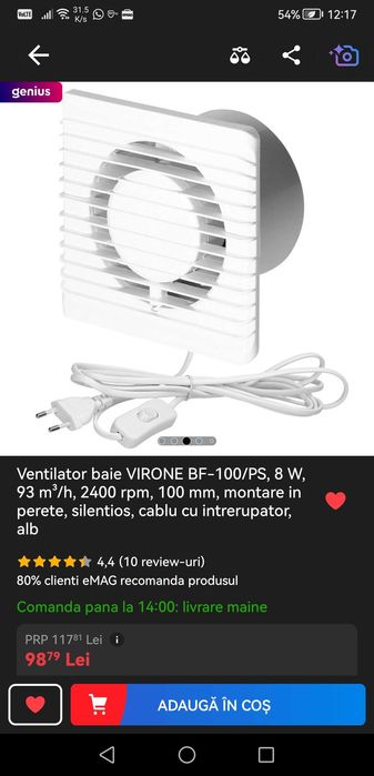 Ventilator baie VIRONE BF-100/PS, 8 W, 93 m³/h, 2400 rpm, 100 mm
