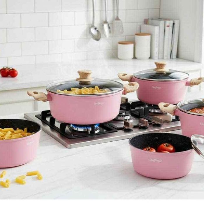 Cheffinger - Розов комплект тенджери, с мраморно покритие, здравословн