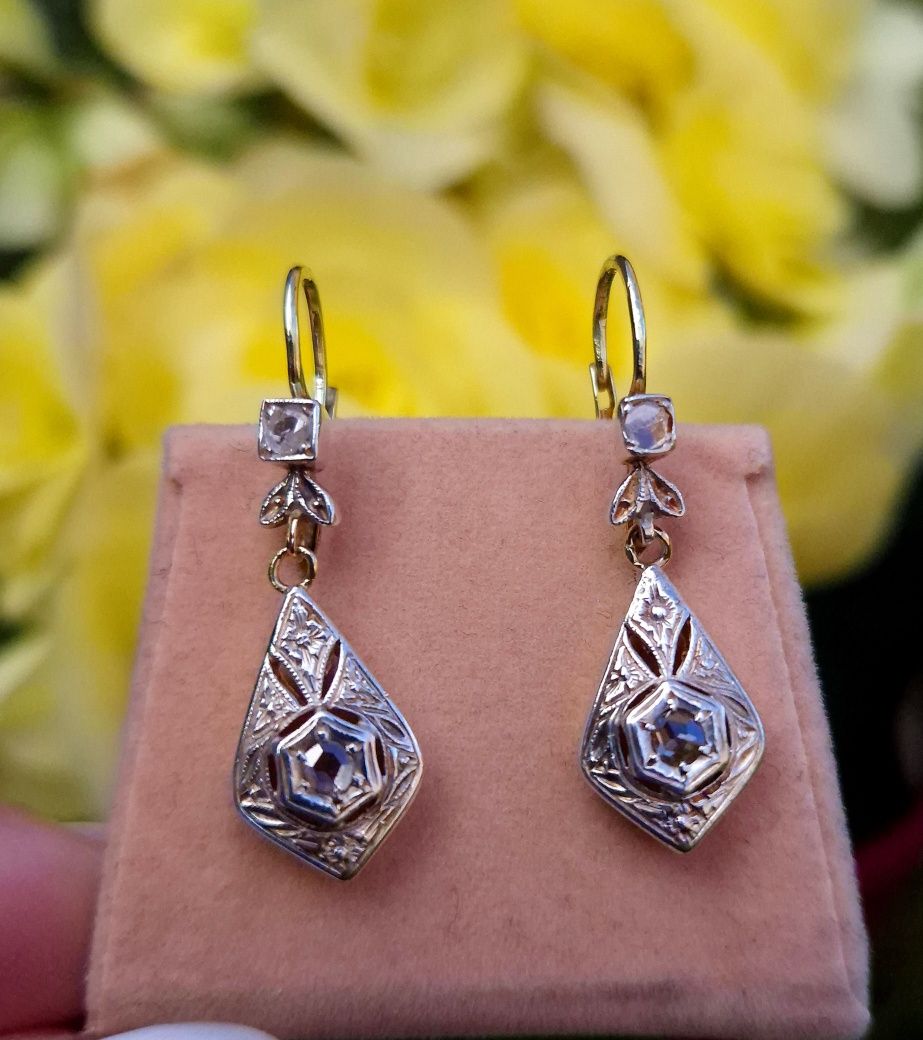 Cercei vechi autentici din aur de 18K si diamante naturale
